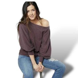 Free People Willow Waffle Off Shoulder Top Boho Dolman Sleeve Size Large Purple